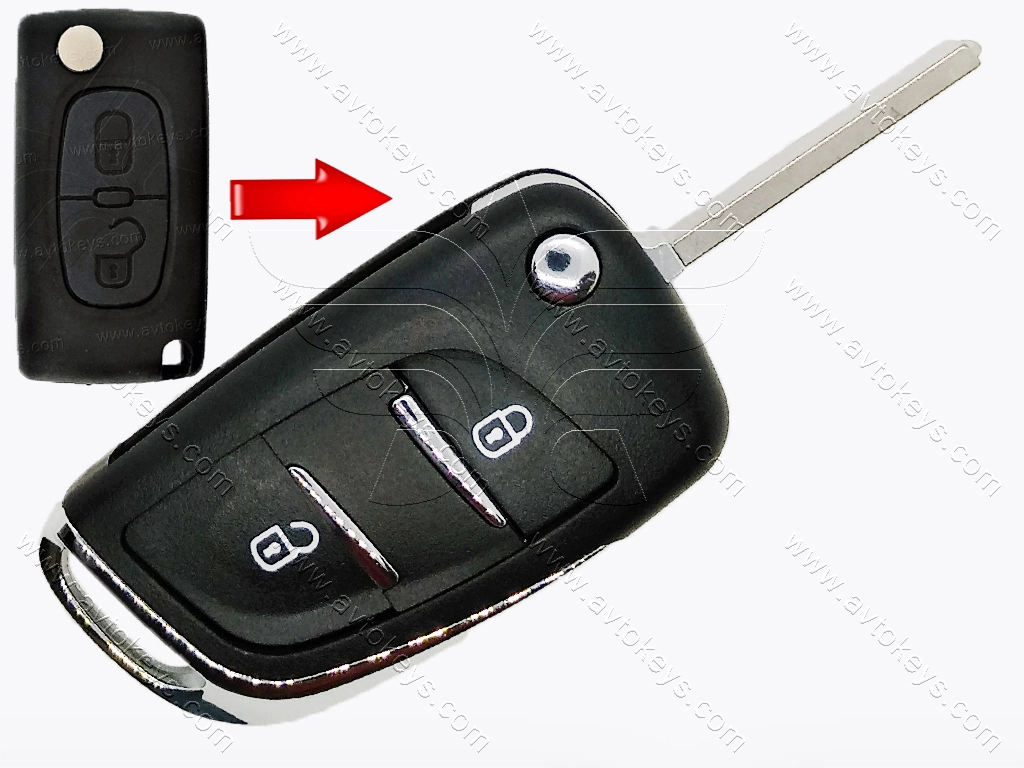Корпус викидного ключа Citroen/Peugeot, 2 кнопки, з місцем під батарейку, лезо HU83