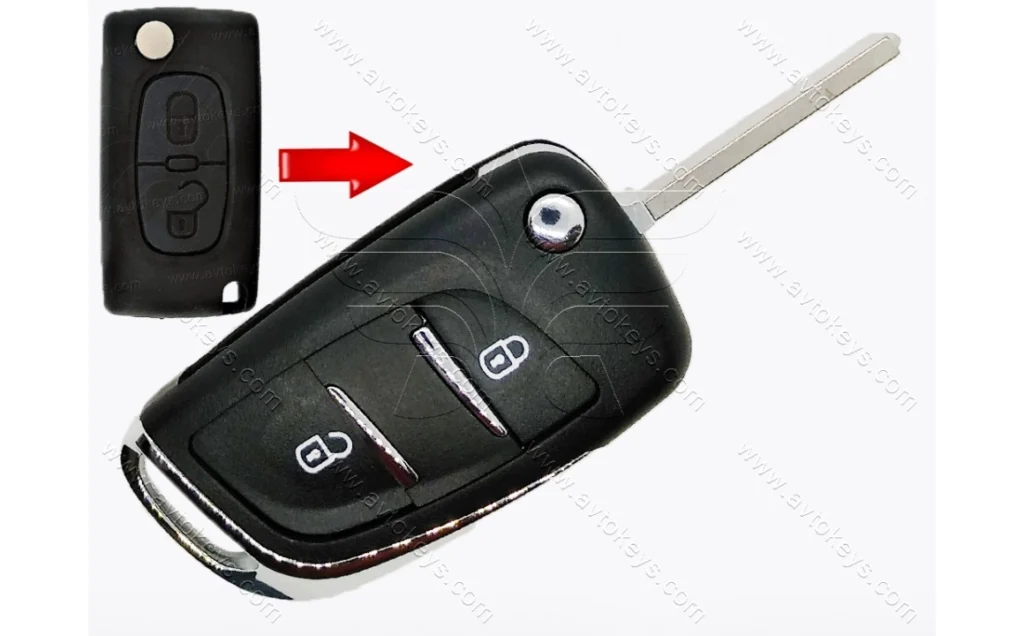 Корпус викидного ключа під переробку Citroen/Peugeot, 2 кнопки, з місцем під батарейку, лезо VA2