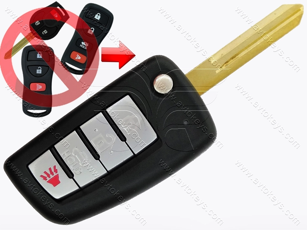 Викидний ключ Nissan Pathfinder, Sentra та інші, 315 Mhz, CWTWB1U751/ KBRASTU15, PCF7936A/ Hitag 2/ ID46, 3+1 кнопки, лезо NSN14