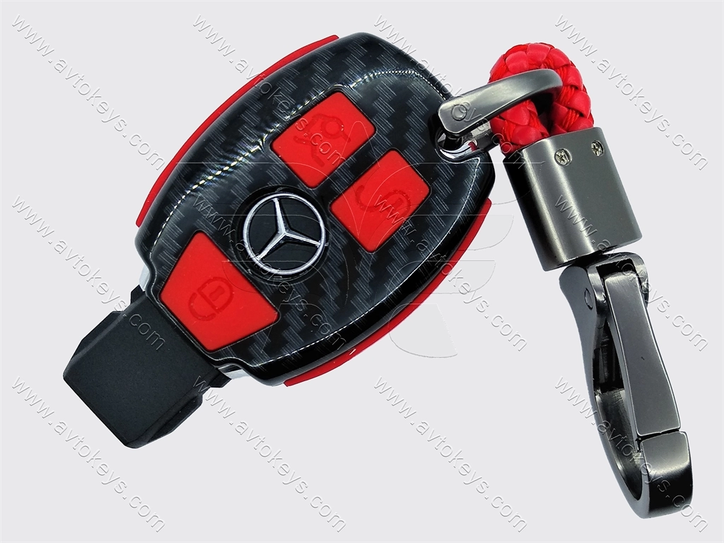 Карбоновий сірий чохол для смарт ключа Mercedes, 3 червоні кнопки